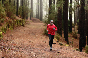 Man running in forest woods training and exercising for trail ru